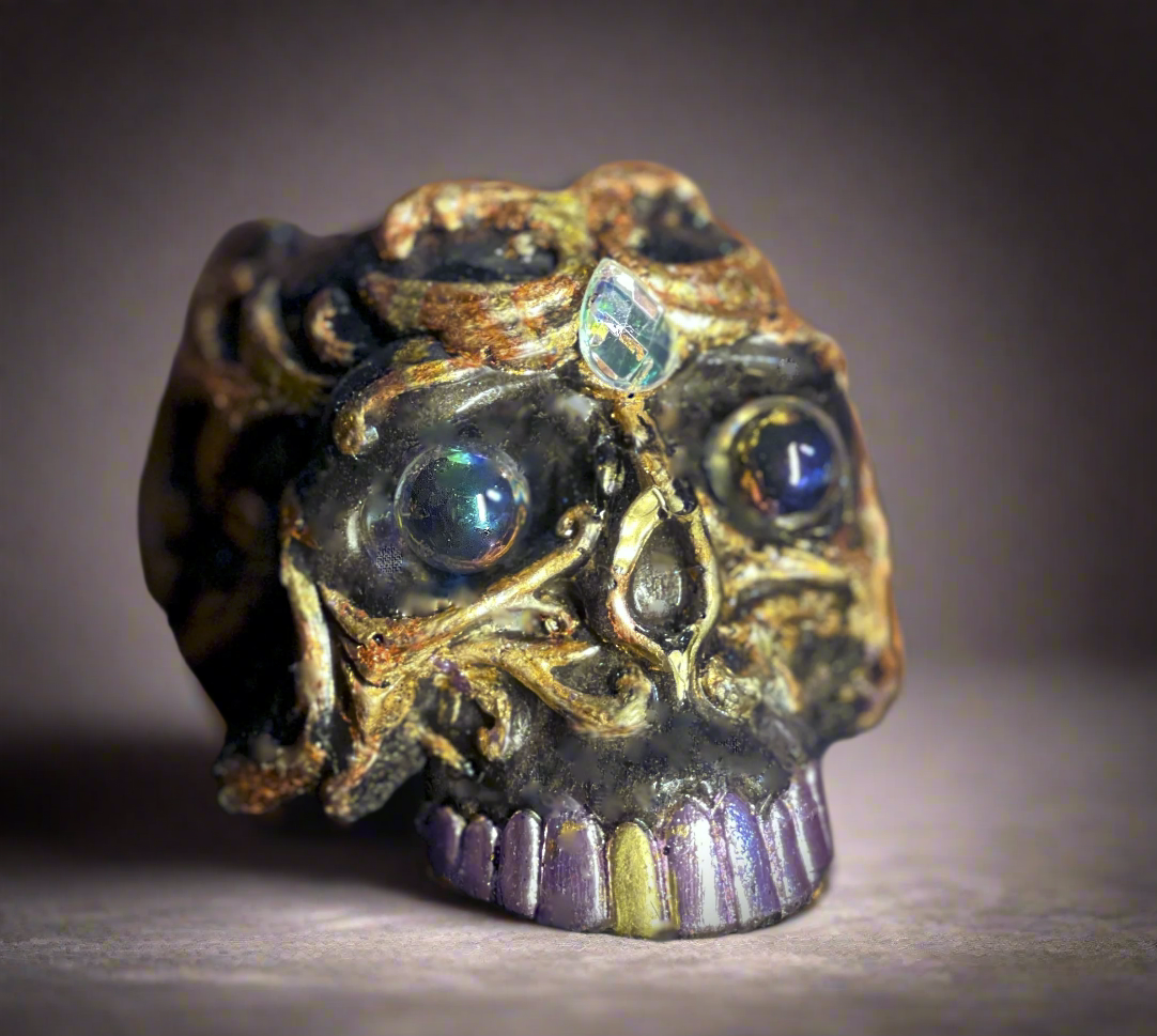 Decorative skull with gemstones on a dark background