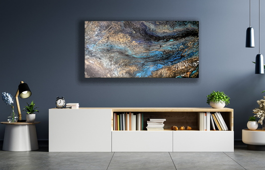 ABSTRACT PAINTING OF BLUES, BRONZE GOLD ON BLACK