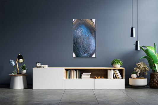 blues, gold, bronze fluid art with large cells on white canvas