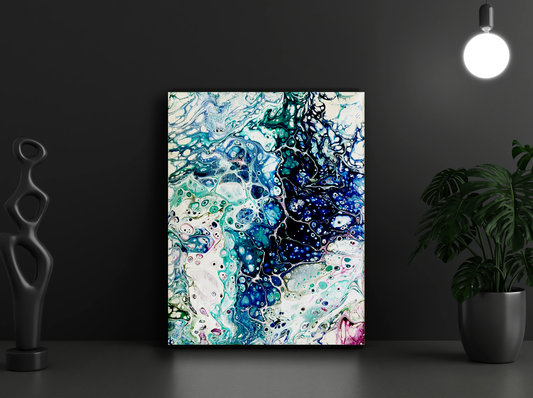 abstract painting of blues, aqua, splash of pink with large cells of colors within colors