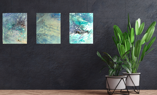 Original Abstract Paintings "Bleu Days' 8x10 Set of 3 PWNinja