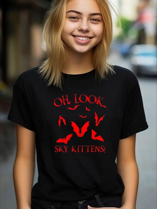 "Sky Kittens" Bat Print Graphic T-Shirt Loose Style, Crew Neck